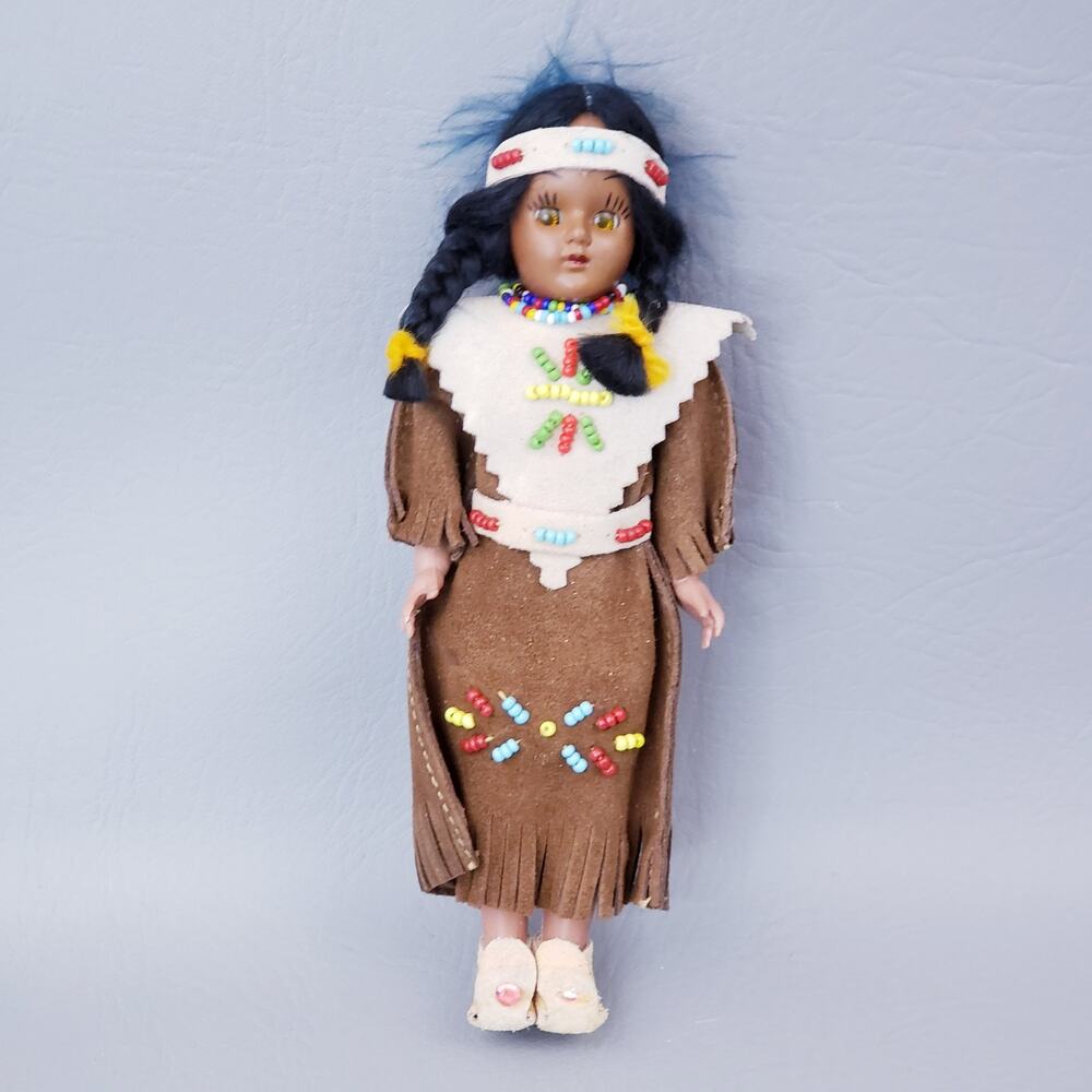 Vintage Native American Indian Doll Sleepy Eyes with Papoose Leather Beads 7"